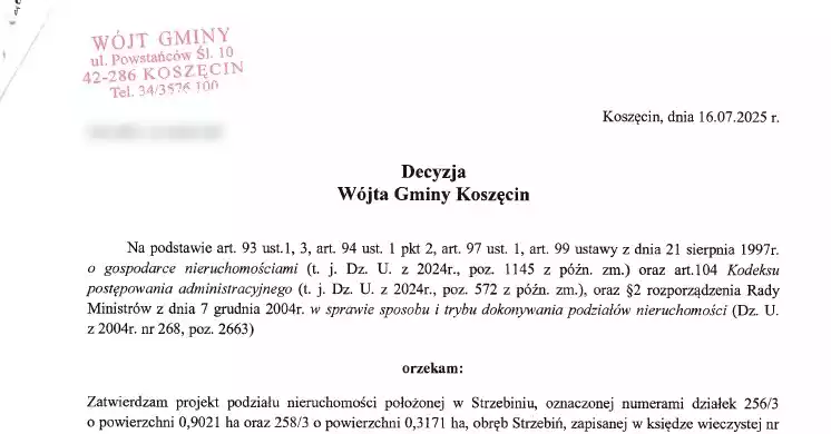 Decyzja potwierdzająca podział